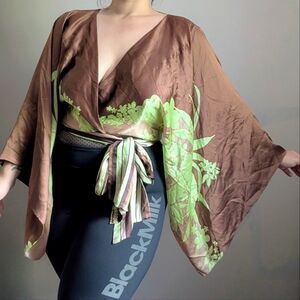 Y2K Victoria's Secret 100% Silk Brown Green Kimono Wrap Top
